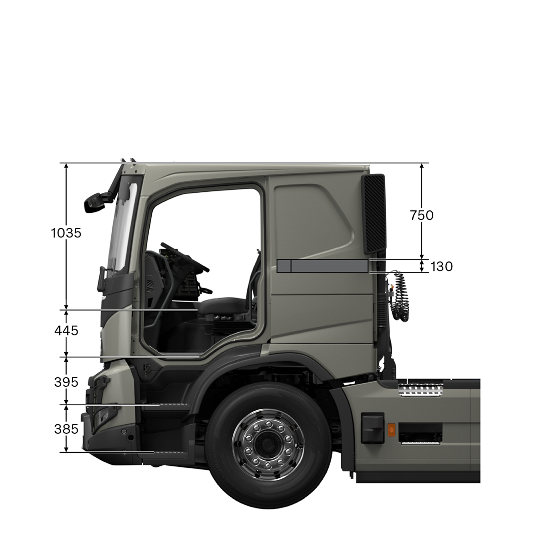 FMX low sleeper cab with measurements, viewed from the side