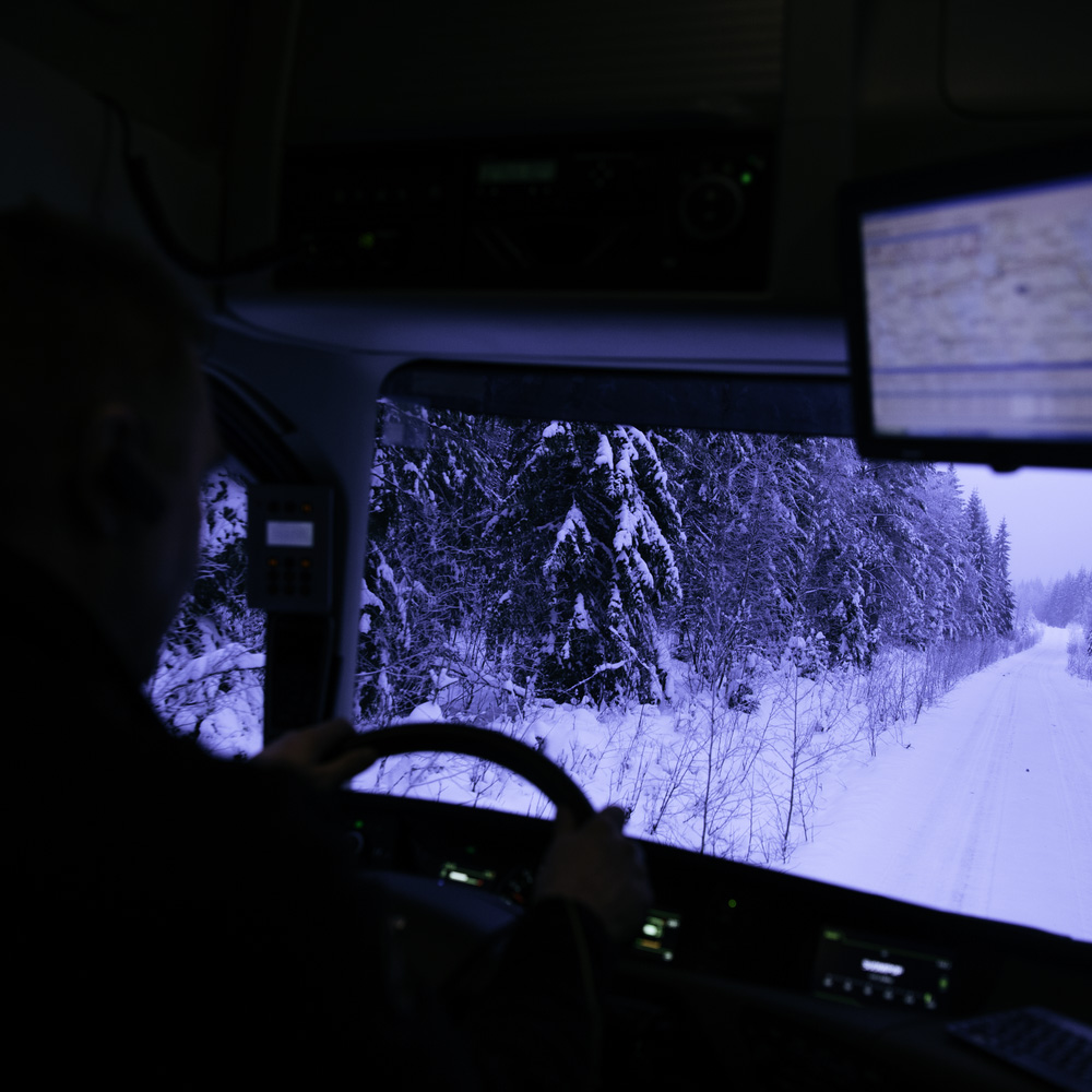 Volvo FH16 driving on an icy road.