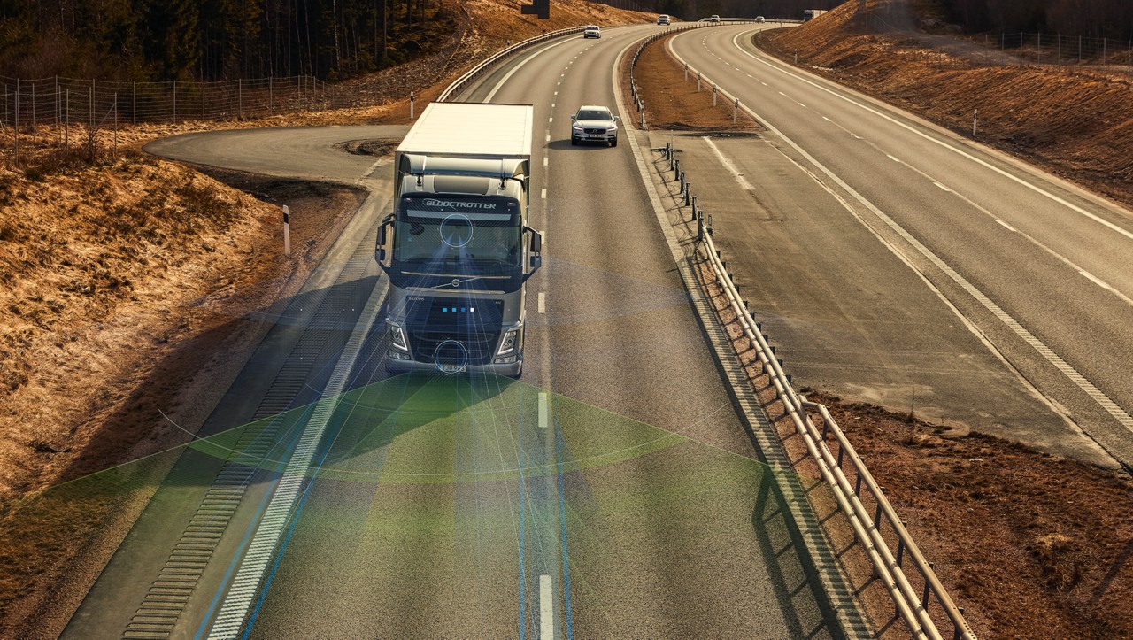 Volvo FH with radar in front to detect lane marks