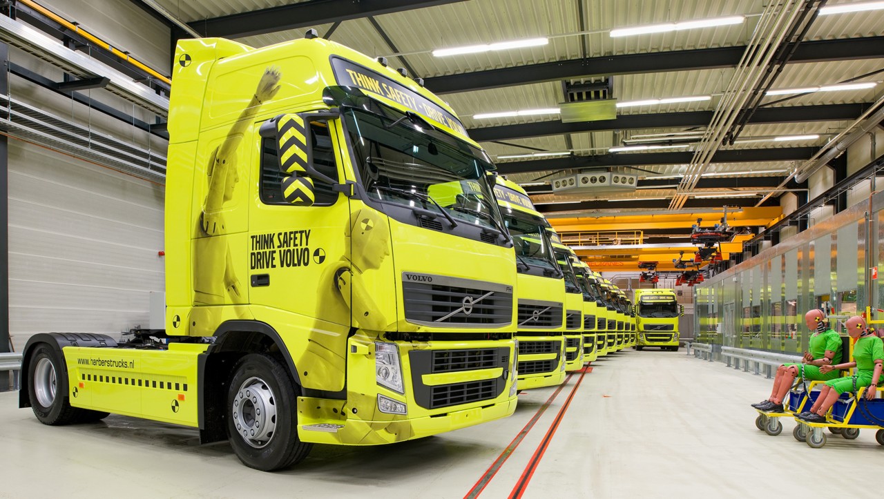 Several yellow Volvo FH set next to each other